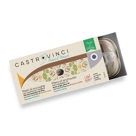 Sicilian anchovy fillets with black truffle flavor in extra virgin organic olive oil in 48g tin