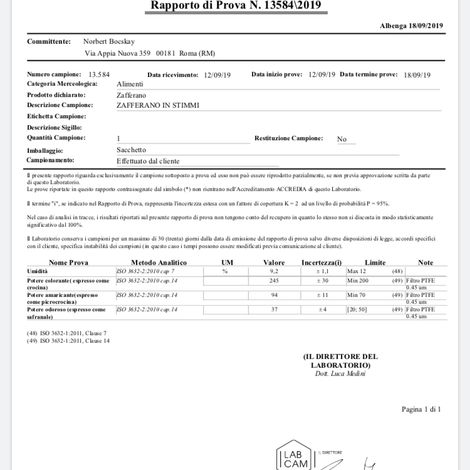 Saffron quality certificate