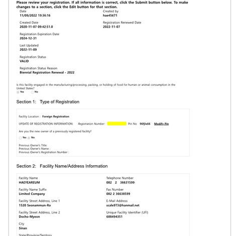 US FDA Certificate of Registration