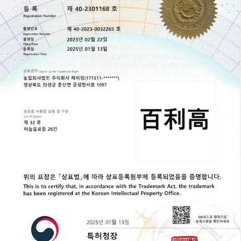 Certificate of Trademark Registration for Beverages