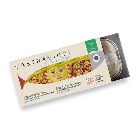 Sicilian anchovy fillets in extra virgin organic olive oil in 48g tin
