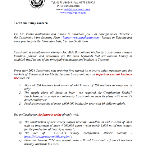 Welcome Letter from Casalvento