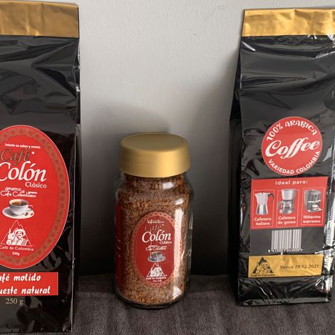 Presentaciones de café colon soluble liofilizado en empaque vidrio ambar, hojala, bulk