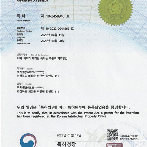 Patent Certificate: Garlic Extract with Leek & Onion