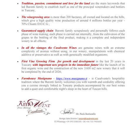 Welcome Letter from Casalvento (continued)
