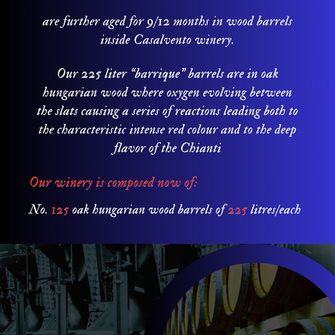 For the production of our prestigious "barrique" wines, there are 125 oak Hungarian wood barrels of 225 liters per each
