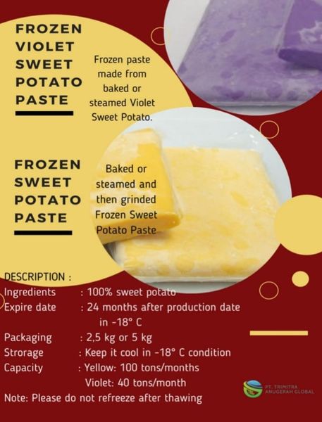 FROZEN YELLOW SWEET POTATO PASTA from 인도네시아 supplied by PT.Trimitra Anugerah Global - Washed 고구마