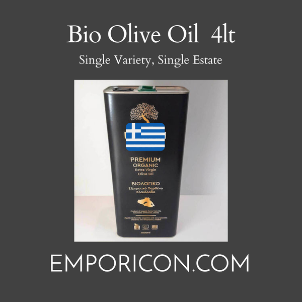 Bio certified Extra Virgin Olive Oil from Lesvos Greece 4lt tin from Greece supplied by Emporicon Mon. IKE - Acidity Rate 0.3% Olive Oil