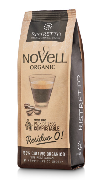 Ristretto No Waste Coffee Beans (250 g): 100% organic with 100% compostable packaging from Spain supplied by Cafes Novell - Organic Roasted Coffee Beans