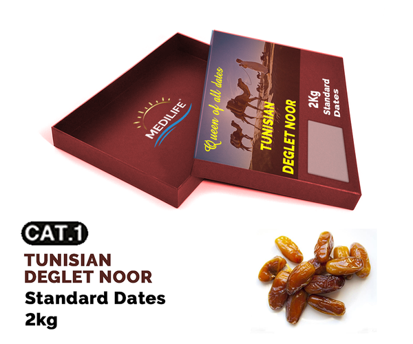 Standard Deglet Noor Dates 2kg carton box from 튀니지 supplied by MEDILIFE - Dried - Semi Dried 신선 대추야자