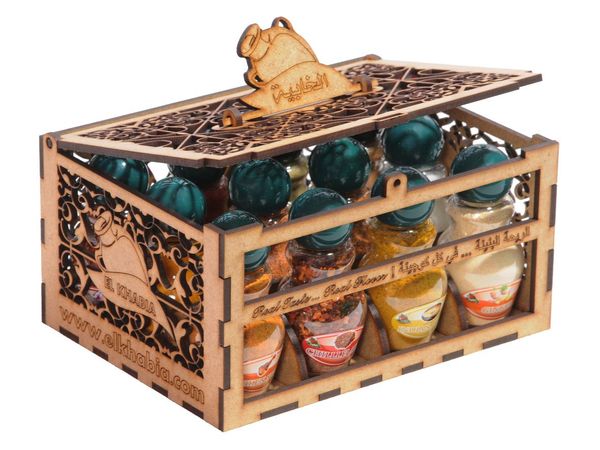 spices in wooden box of 12 jars from Tunisia supplied by Leader Food Process - Yellow Mixed Spices Products