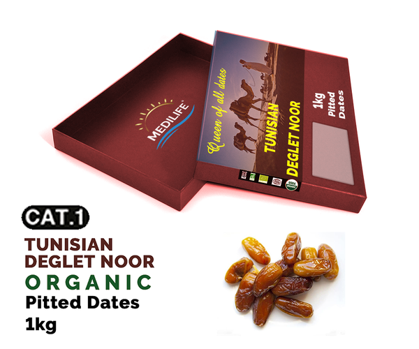Organic Pitted Deglet Noor Dates 1kg Carton Box from 튀니지 supplied by MEDILIFE - Dried - Semi Dried 신선 대추야자