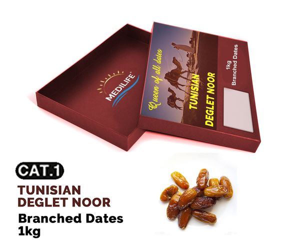 Branched Deglet Noor Dates 1 kg carton box from Tunisia supplied by MEDILIFE - As per customer's request Value Added Date