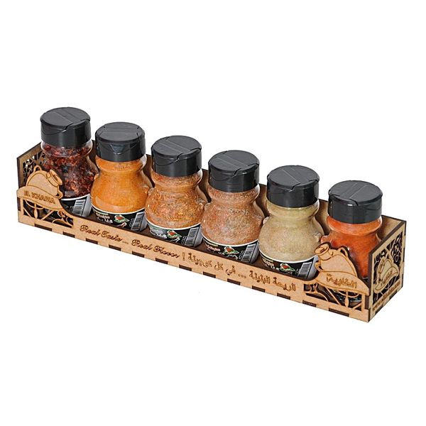 spices in wooden box of 6 jars from Tunisia supplied by Leader Food Process - Yellow Mixed Spices Products