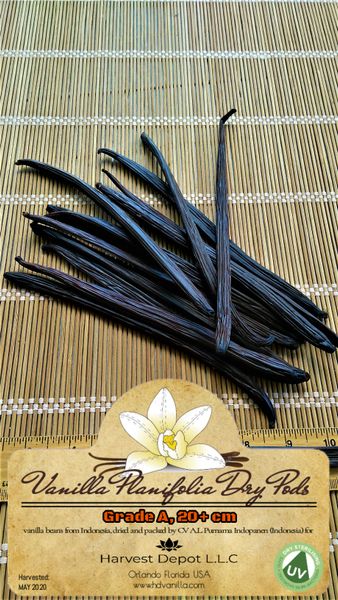 Dry Indonesian Vanilla Planifolia whole Pods - Grade A, size 13-20+cm from Indonesia supplied by Harvest Depot L.L.C - Vacuum Packed (=VAC) Vanilla