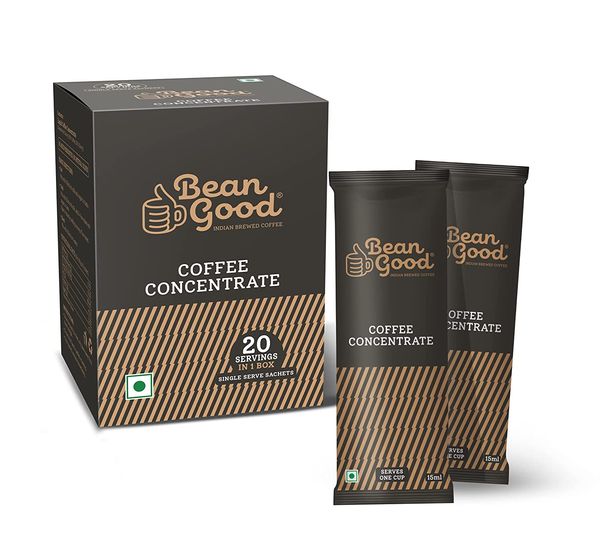Bean Good Indian Brewed Coffee Concentrate – Serves 20 Cups - 300ml (15ml single serve sachet x 20)- Instant South Indian Filter Coffee Decoction - 80% Coffee & 20% Chicory Blend - Just Add Water / Milk / Sugar, Brown from 인도 supplied by CURE PHARMA - 100% 순수 인스턴트커피