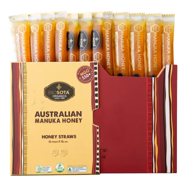 Organic Manuka Honey Straws from Australia supplied by Biosota Organics Pty Ltd - Individually Wrapped (=IW) Honey