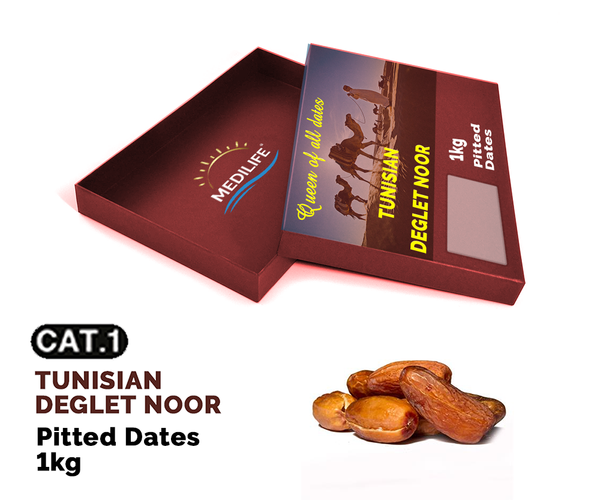 Pitted Deglet Noor Dates 1 kg carton box from 튀니지 supplied by MEDILIFE - Dried - Semi Dried 신선 대추야자