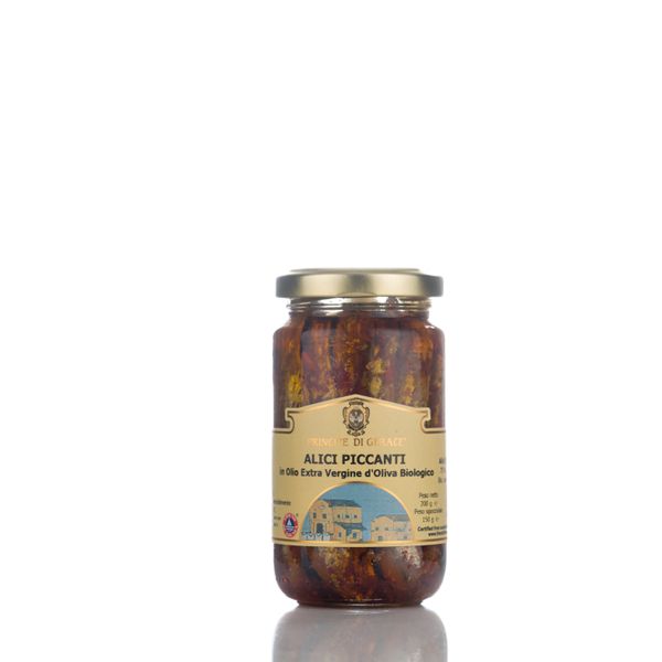 Principe di Gerace® Spicy Anchovies in Organic Extra Virgin Olive Oil, FOS certified, 100% Product of Italy from 이탈리아 supplied by Mediterranea Foods - Canned 오징어 통조림