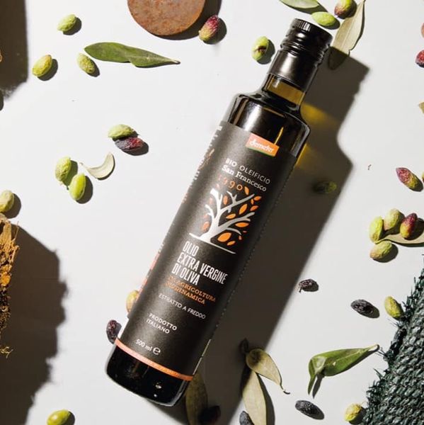 Bio Oleificio San Francesco® biodynamic extra virgin olive oil, demeter certified, 100% Product of Italy from Italy supplied by Mediterranea Foods - golden green Olive Oil