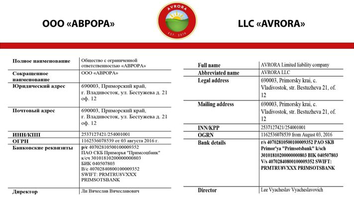 AVRORA LLC - Verified supplier and manufacturer from 러시아